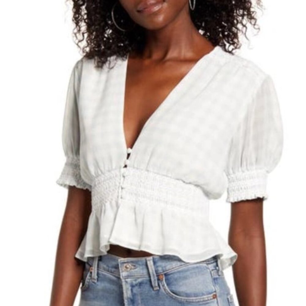 WAYF Norah Smocked Waist Top in Baby Blue Gingham, XS